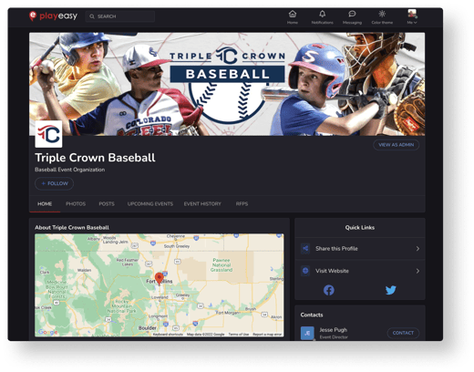 triple crown baseball playeasy profile. softball and baseball events on playeasy event marketplace